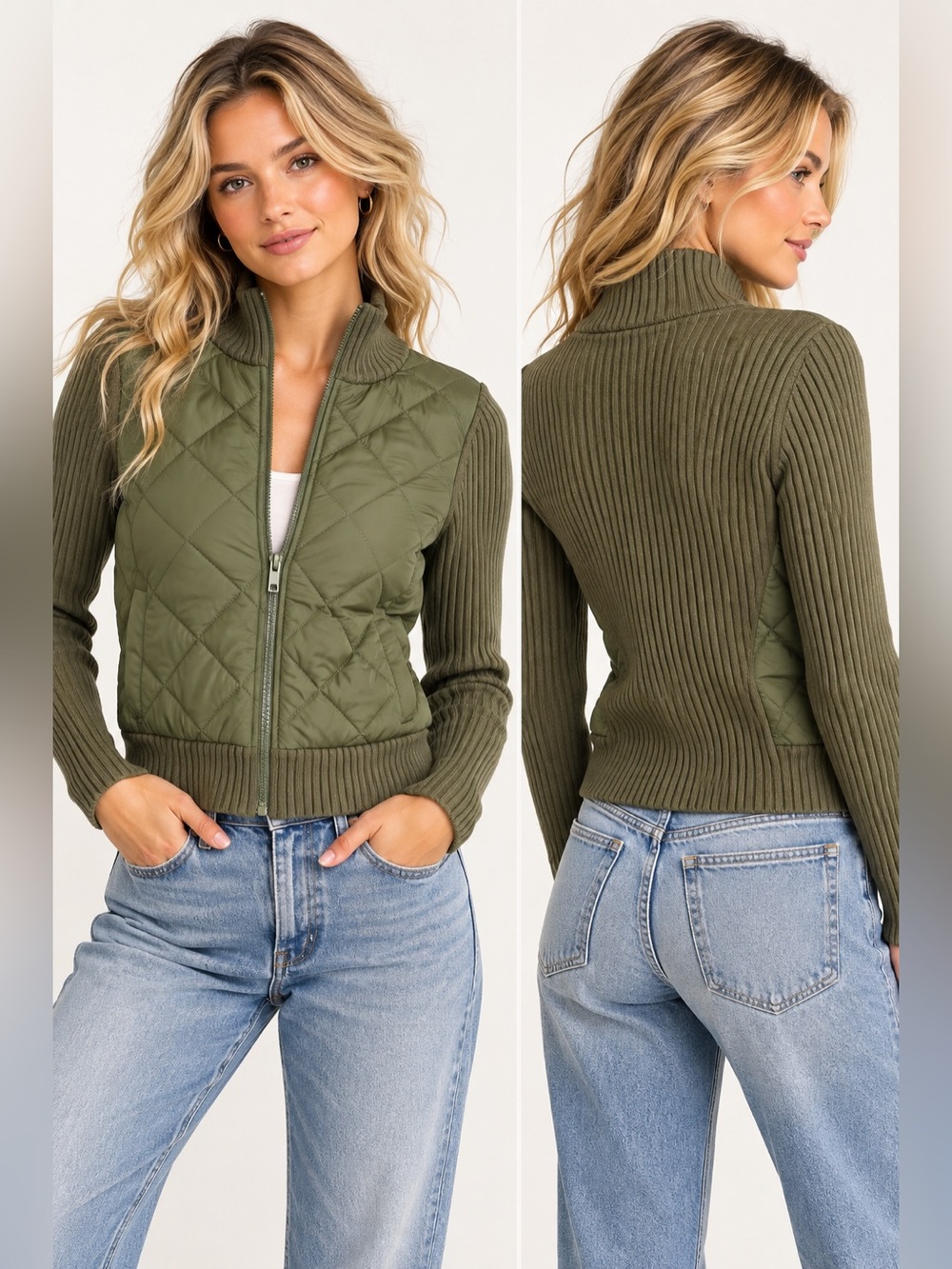 Madden Girl Olive Green Quilted Knit Sleeve Zip Jacket Size M NWT